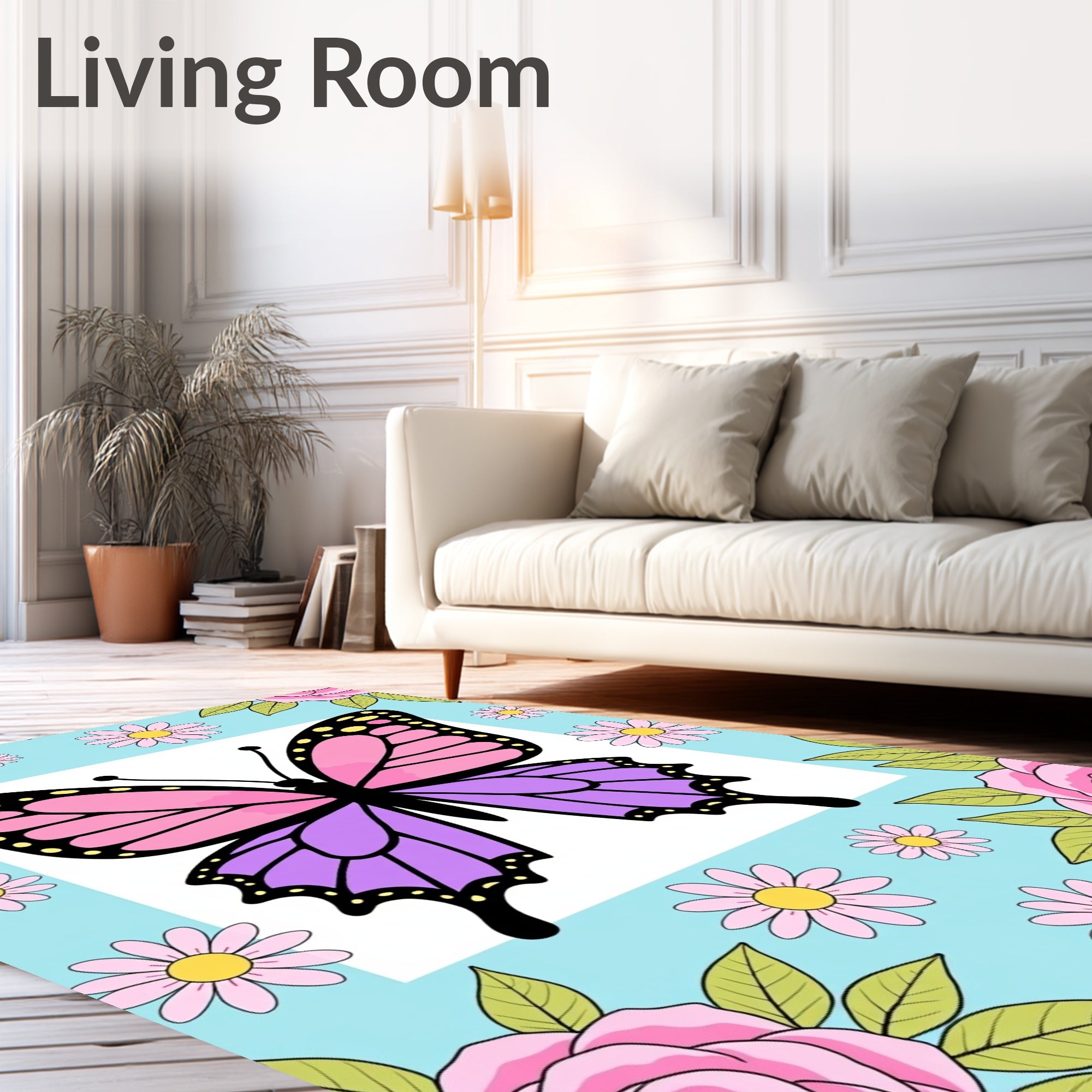 Pastel Pink Purple Butterfly Garden Rug