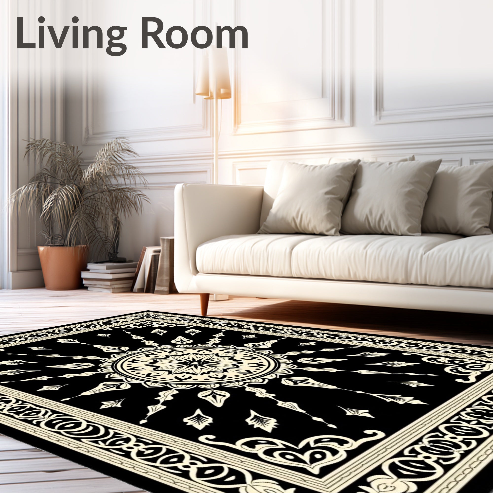 Black and Ivory Sunburst Medallion Rug