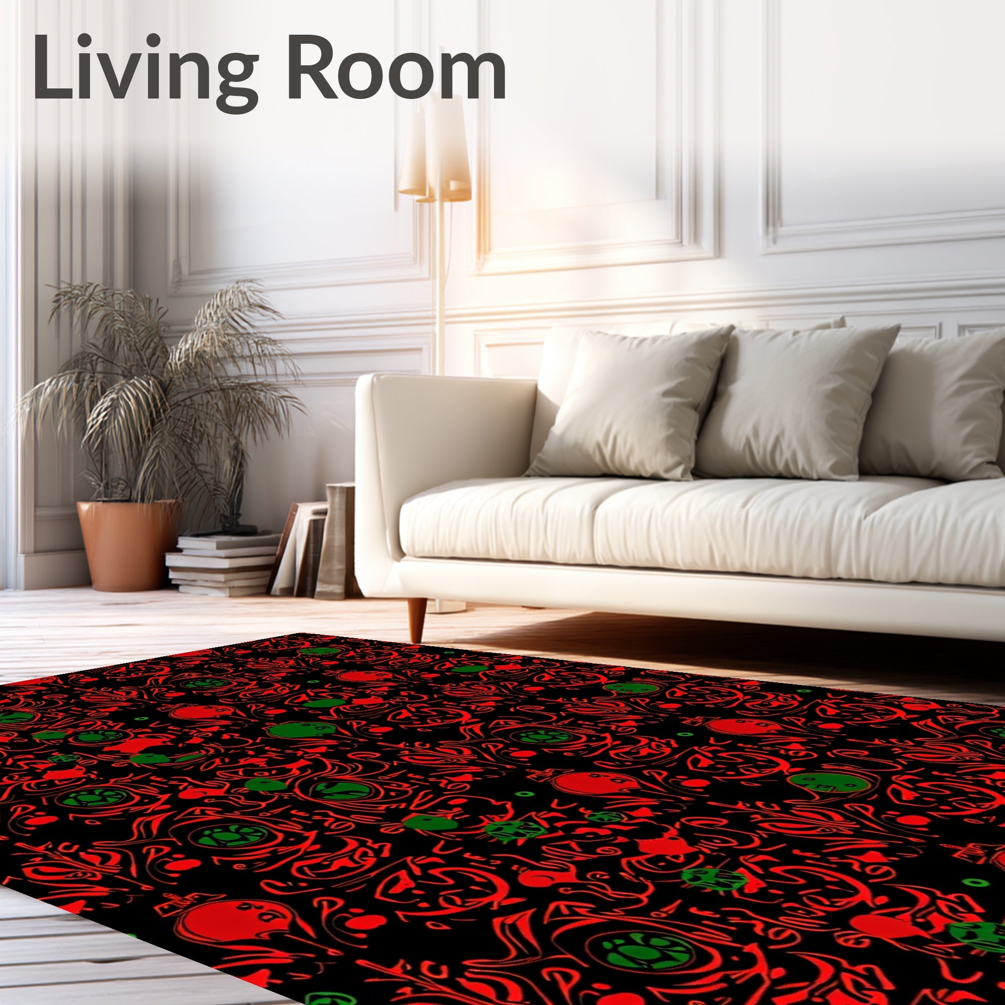 Bold Red Black Swirl Botanical Rug