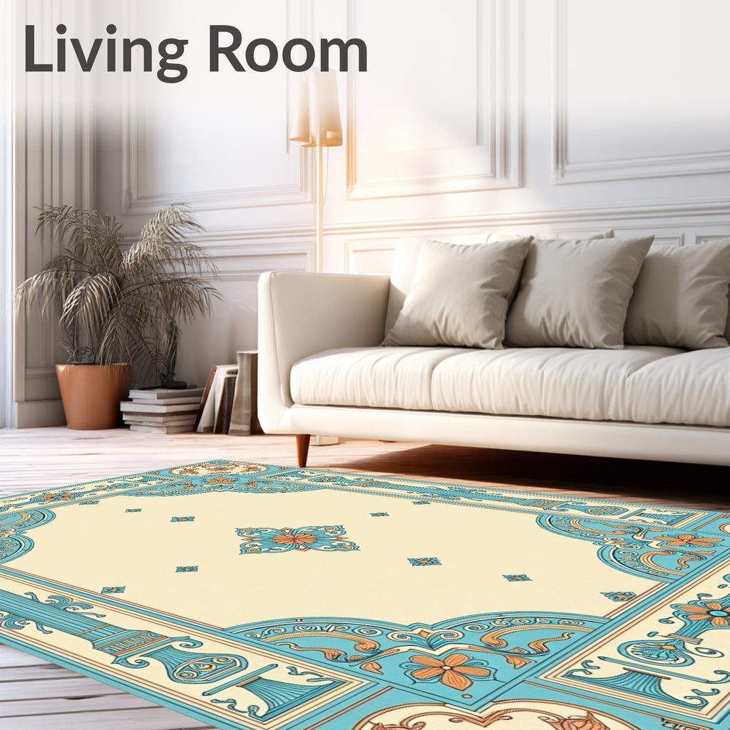 Turquoise Coral Floral Medallion Border Rug