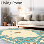 Turquoise Coral Floral Medallion Border Rug