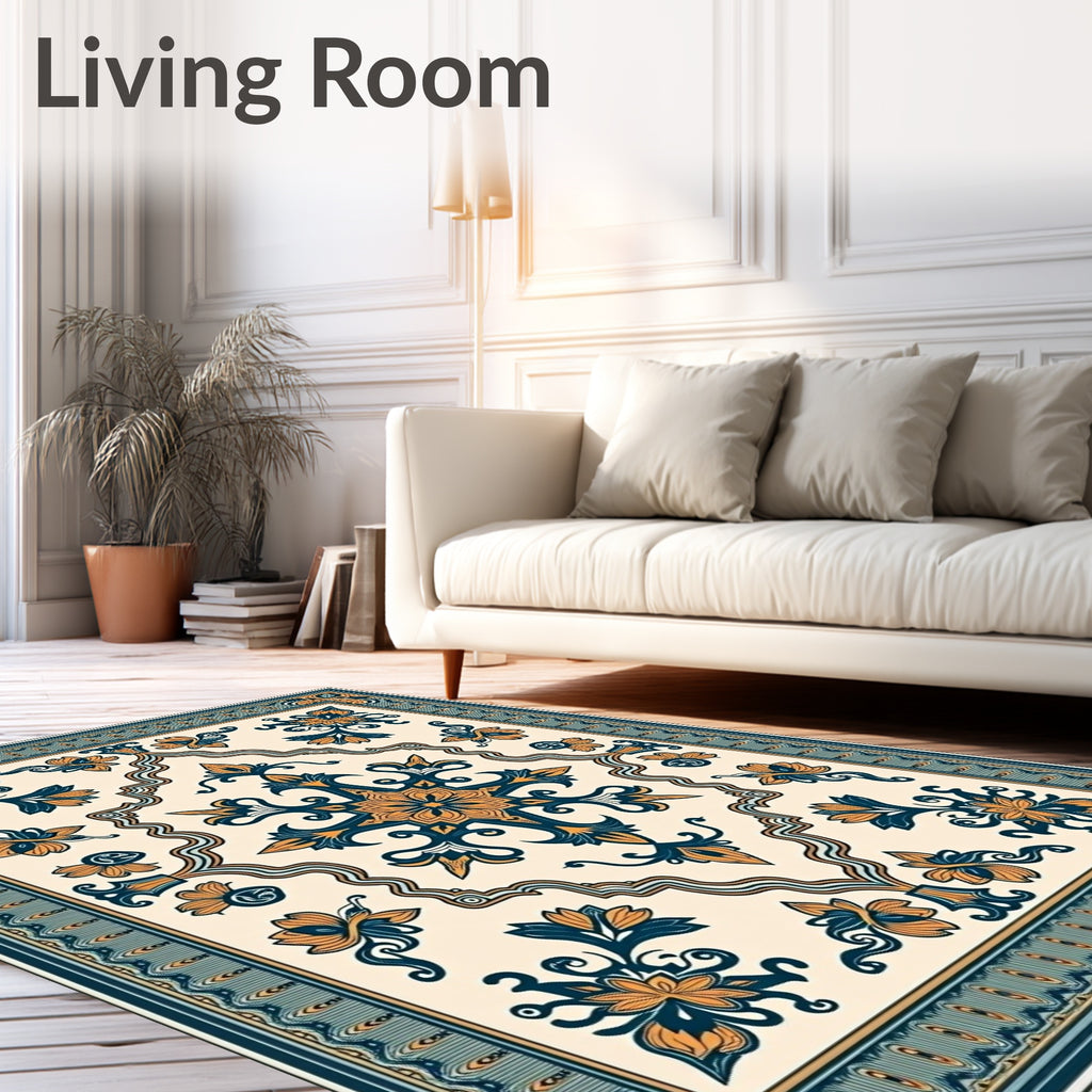 Ornate Amber Teal Floral Medallion Rug