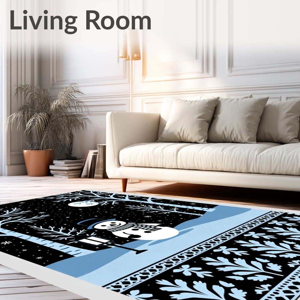 Winter Snowman Moonlit Forest Border Rug