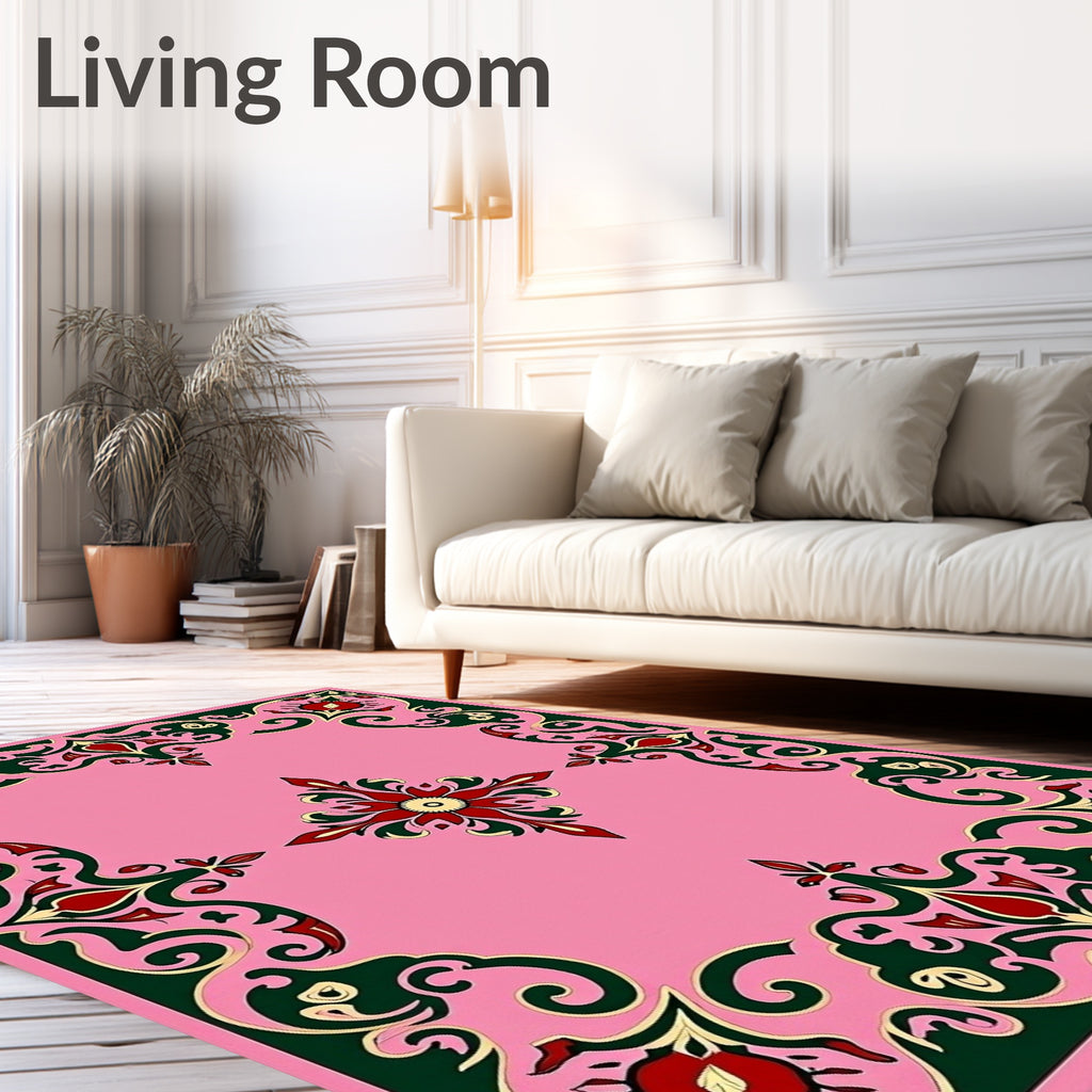 Crimson Green Floral Medallion Pink Rug