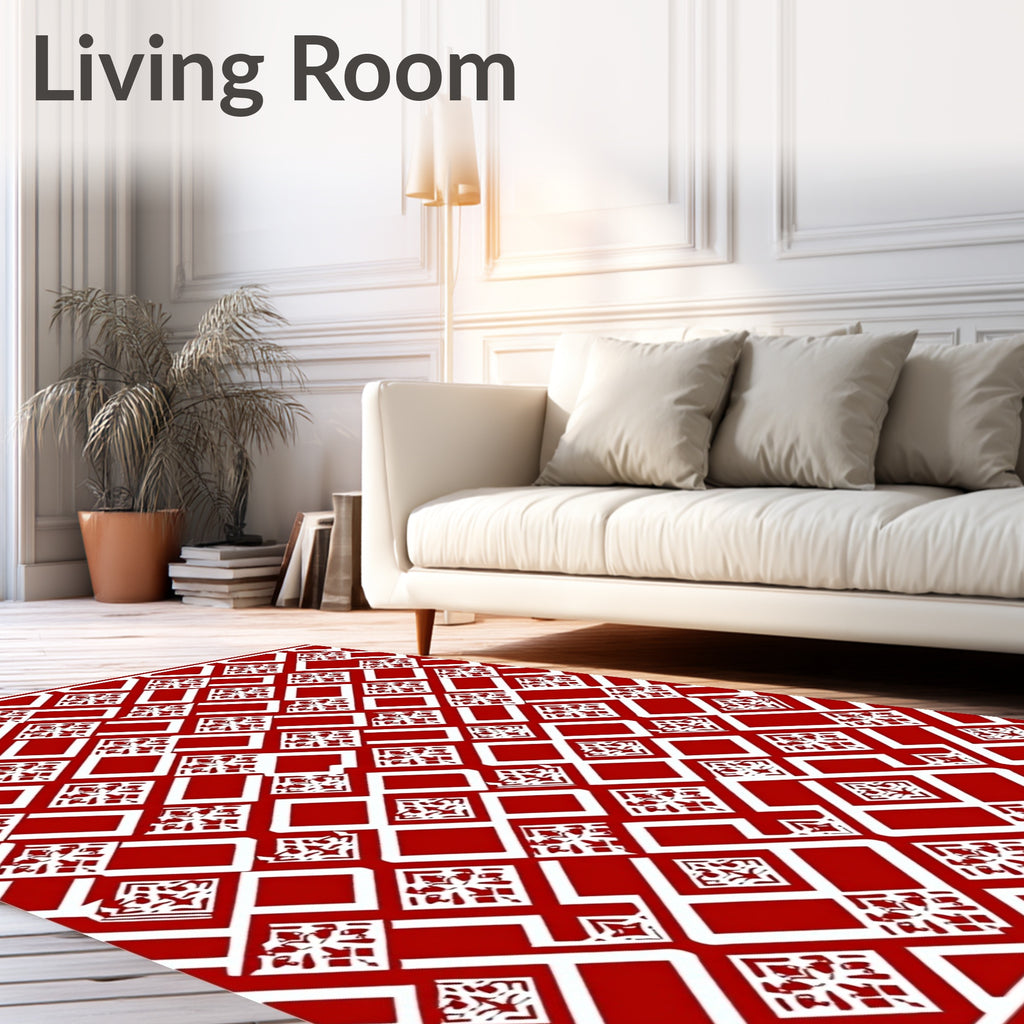 Red White Geometric Diamond Medallion Rug