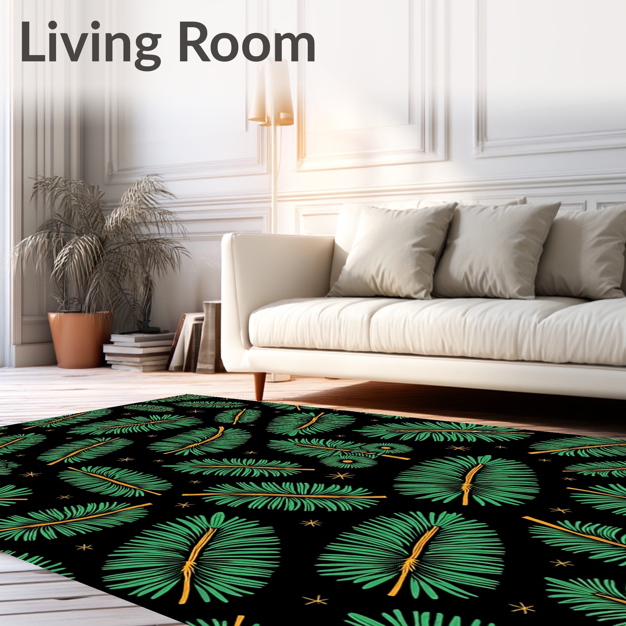Green Pine Needles on Black with Stars Rug