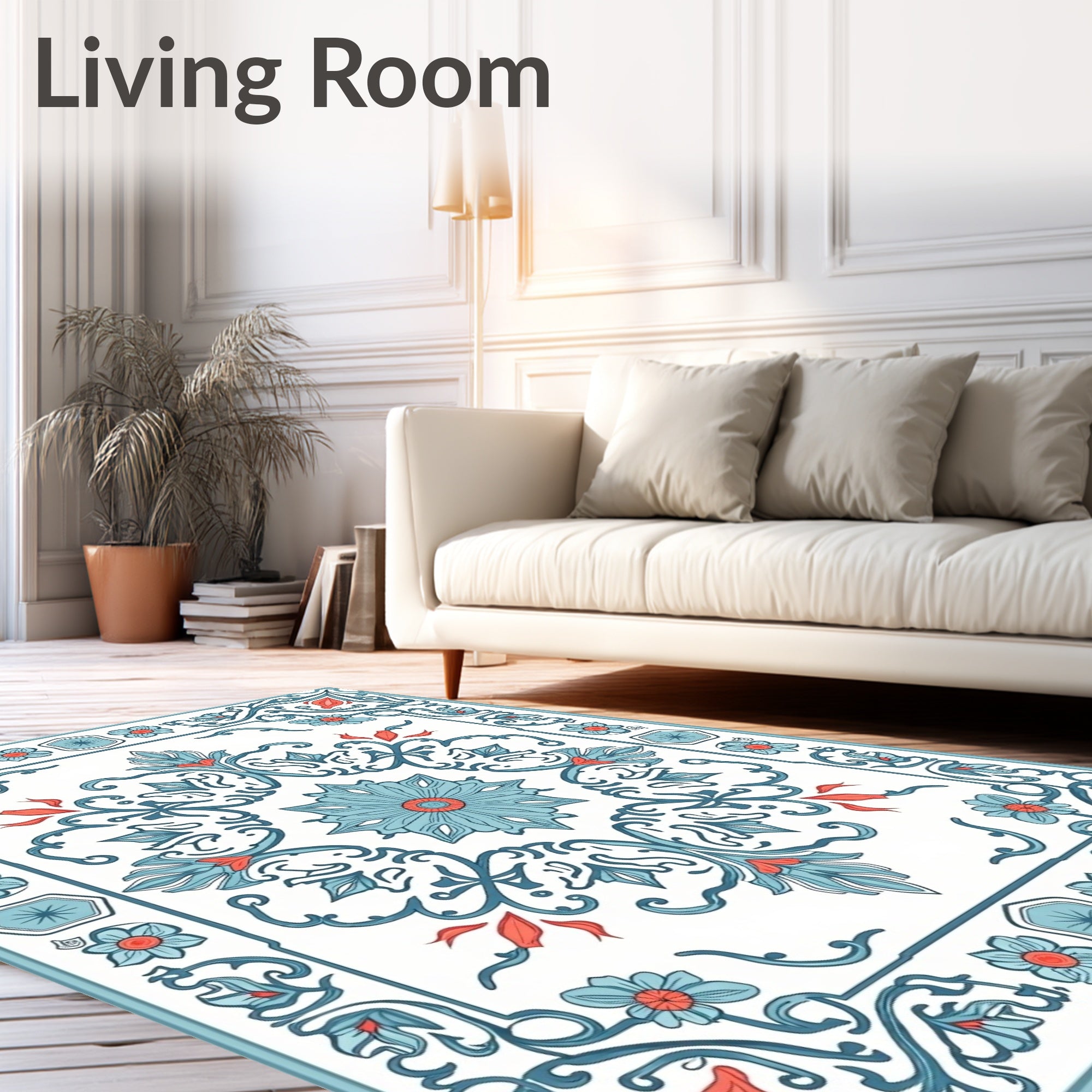 Blue Coral Floral Medallion Border Rug