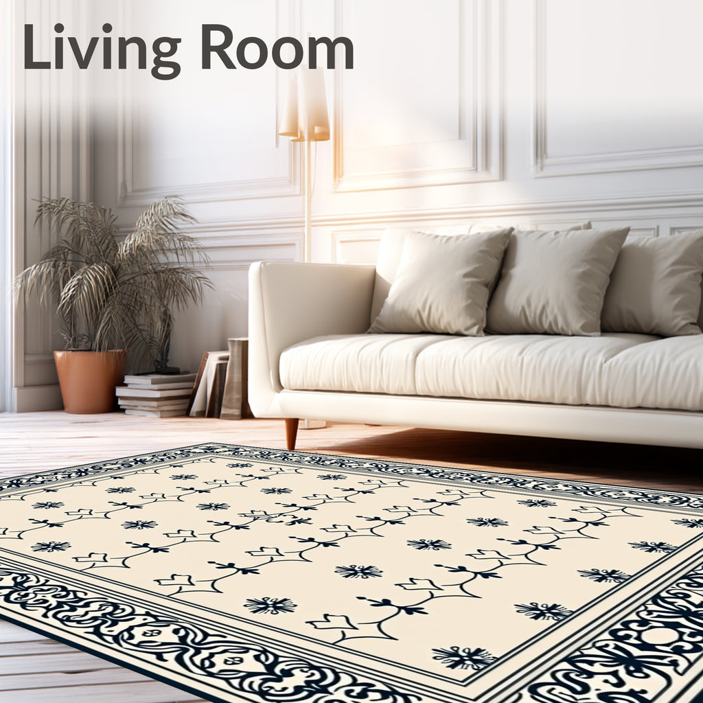 Cream Navy Floral Bordered Medallion Rug