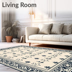 Cream Navy Floral Bordered Medallion Rug