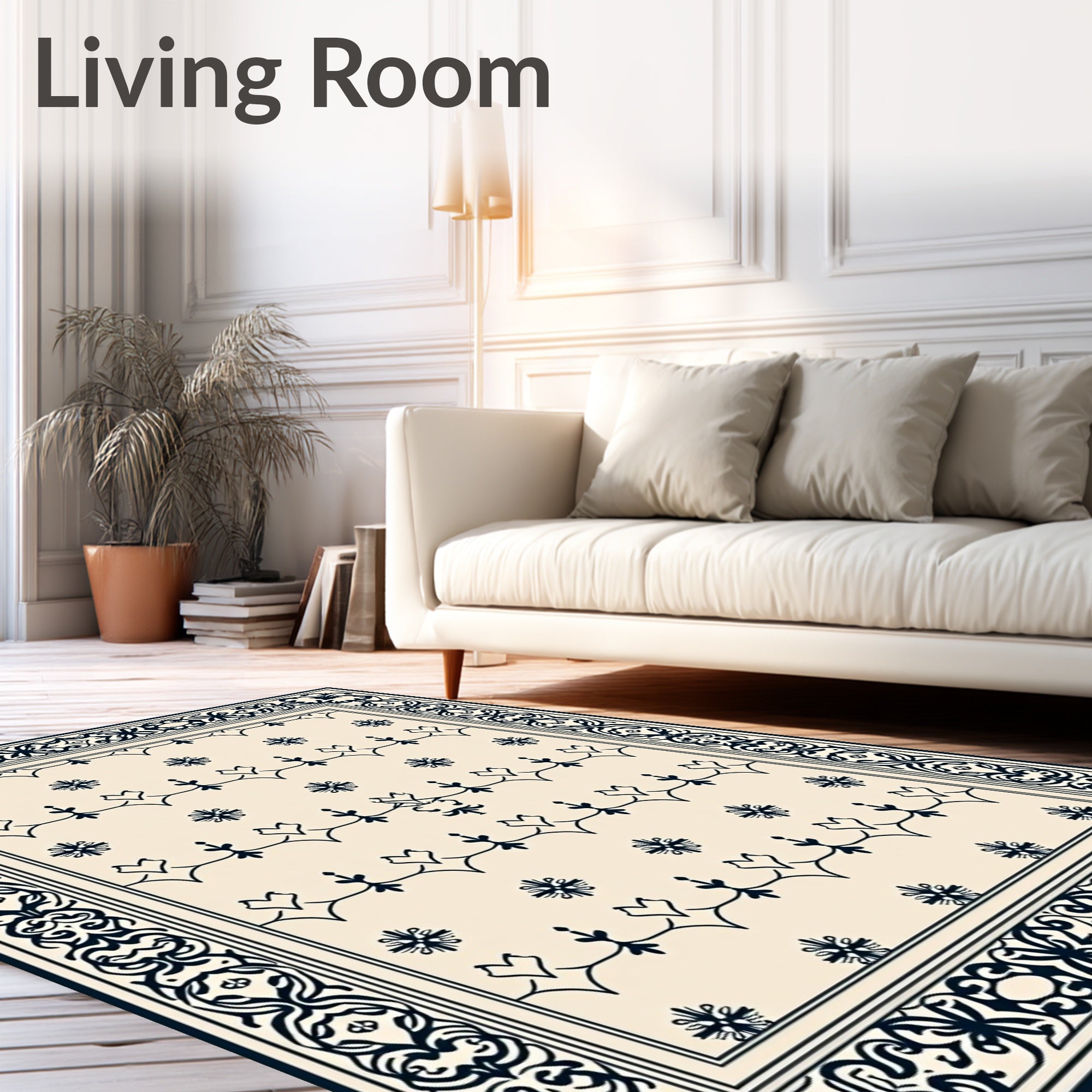Cream Navy Floral Bordered Medallion Rug