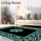 Cyan Black Intricate Floral Mandala Frame Rug