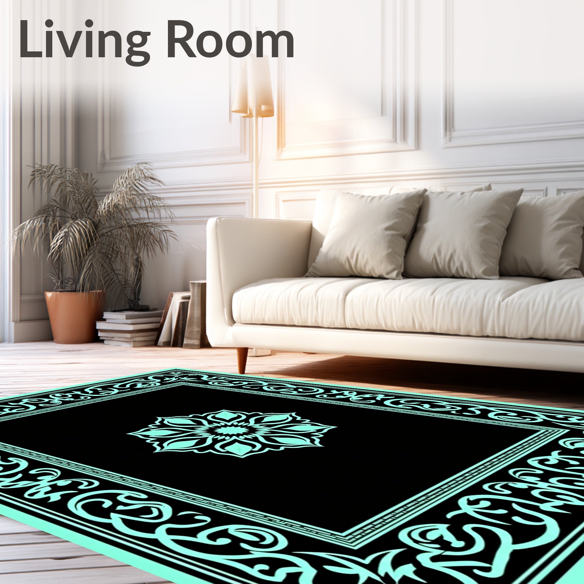 Cyan Black Intricate Floral Mandala Frame Rug
