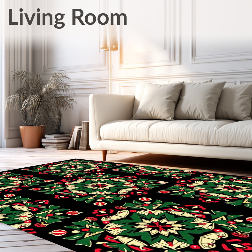 Festive Green Red Floral Medallion Rug