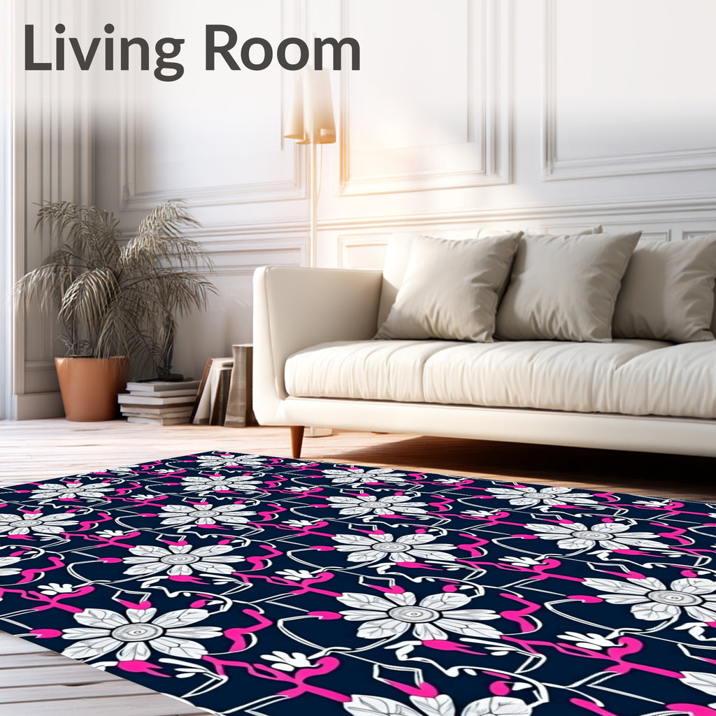 White Floral Navy Swirl Medallion Rug