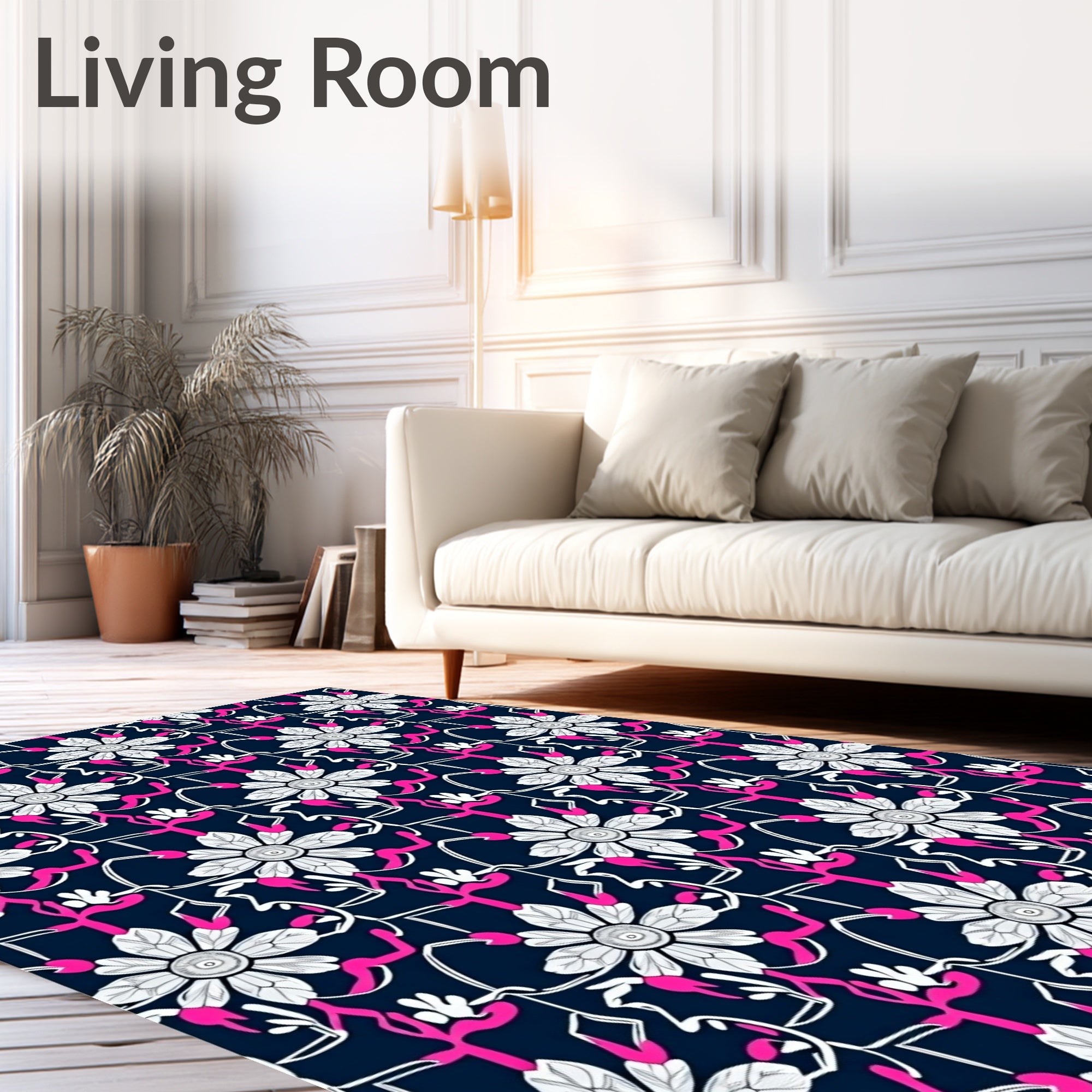 White Floral Navy Swirl Medallion Rug