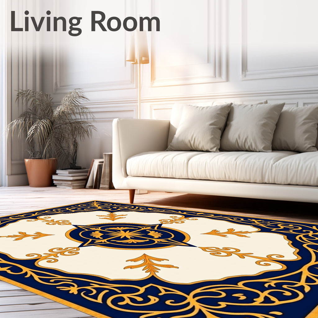 Gold Blue Ornate Medallion Center Rug
