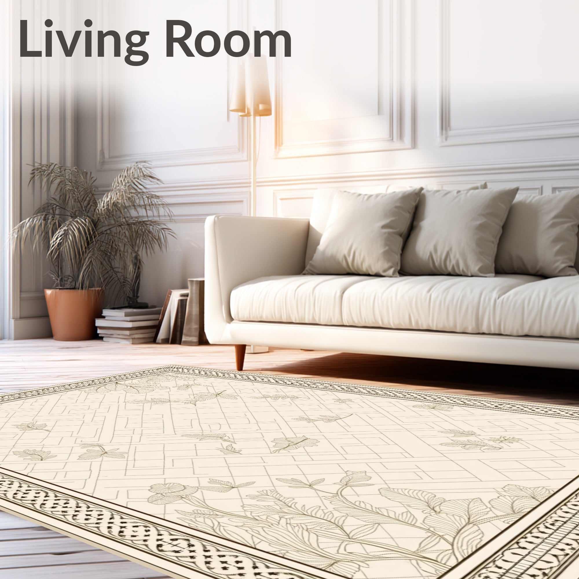 Cream and Brown Botanical Geometric Rug