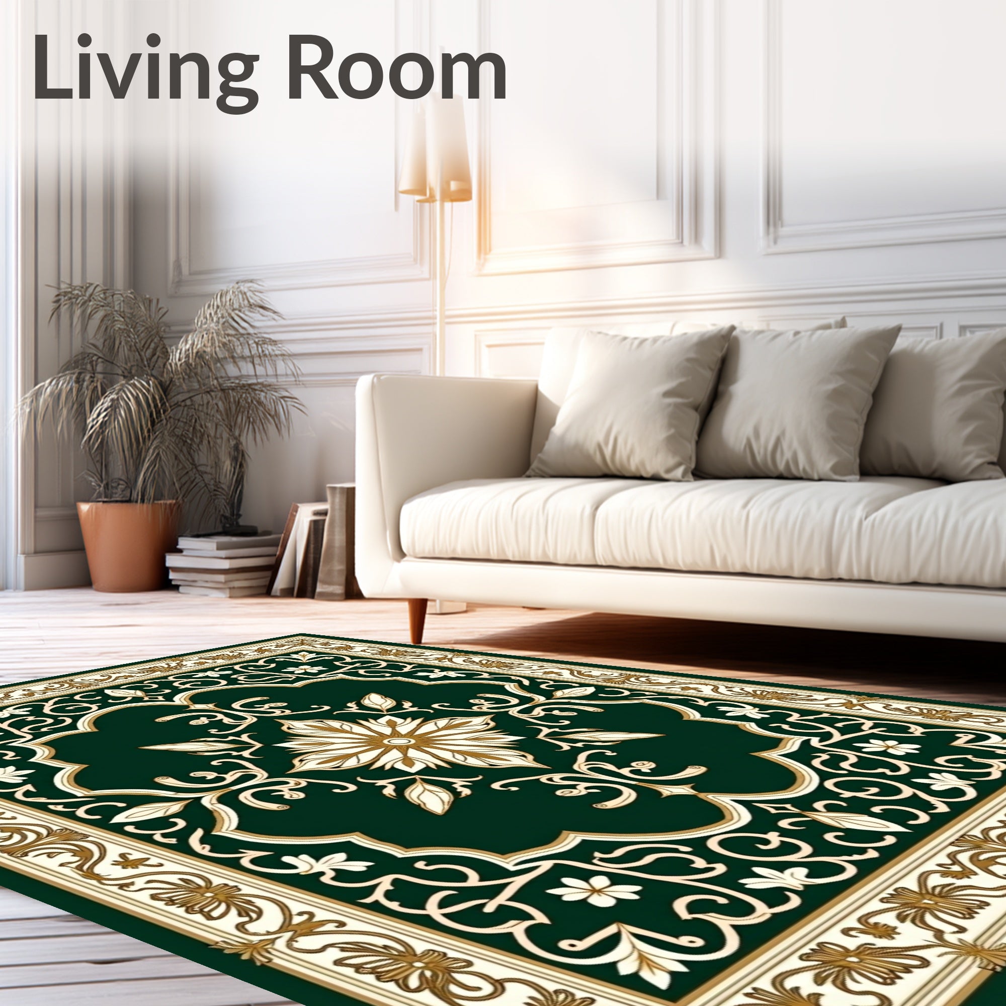 Emerald Green Floral Scroll Medallion Rug