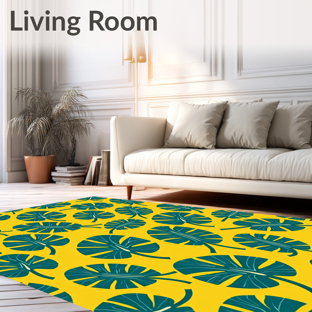 Tropical Green Leaf Yellow Background Rug