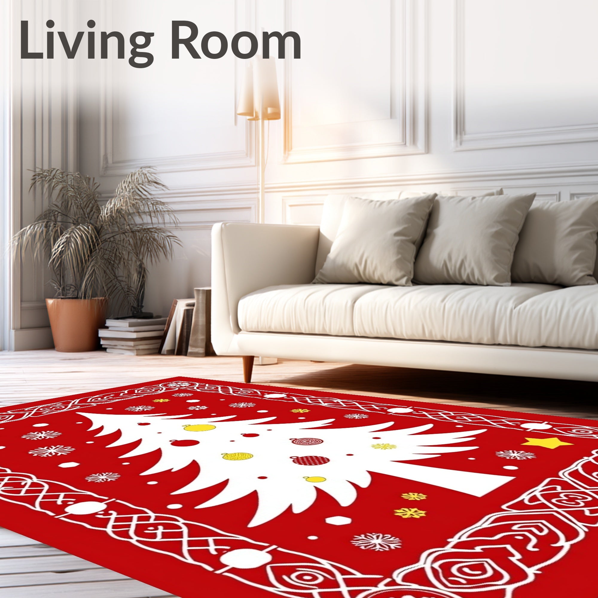 Red White Christmas Tree Ornaments Snowflakes Rug