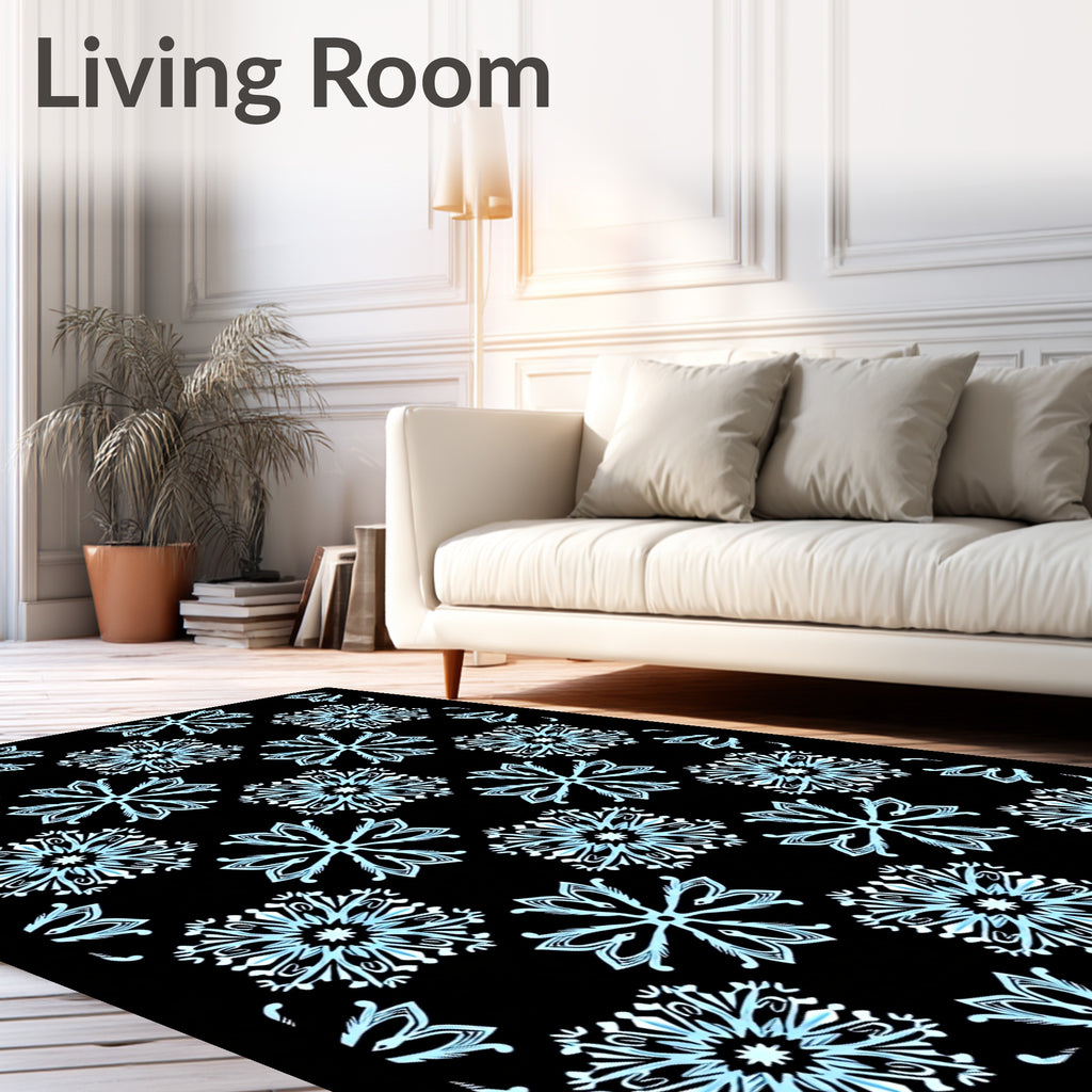 Light Blue Snowflake Repeat Black Rug