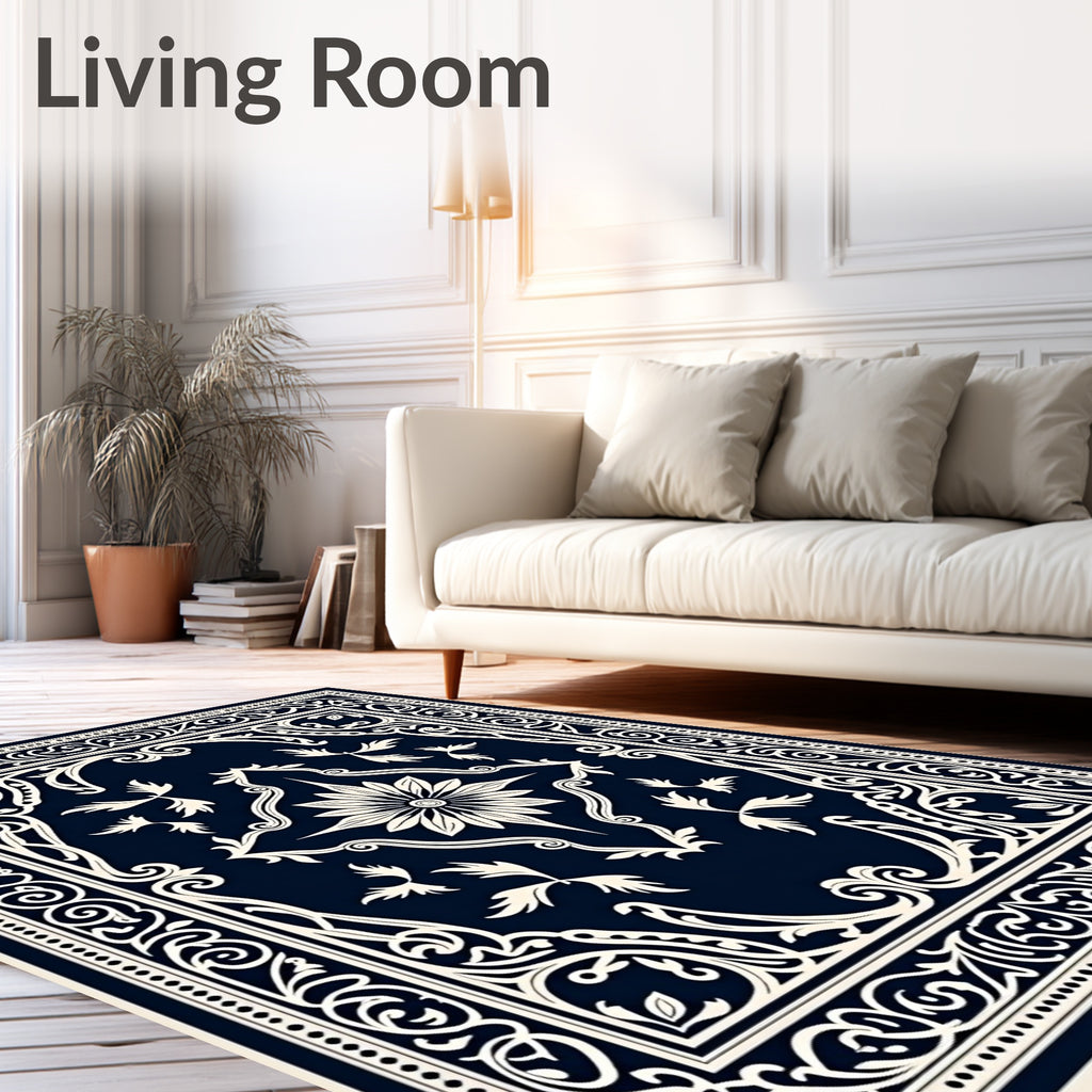 Naval White Ornamental Scrollwork Floral Rug