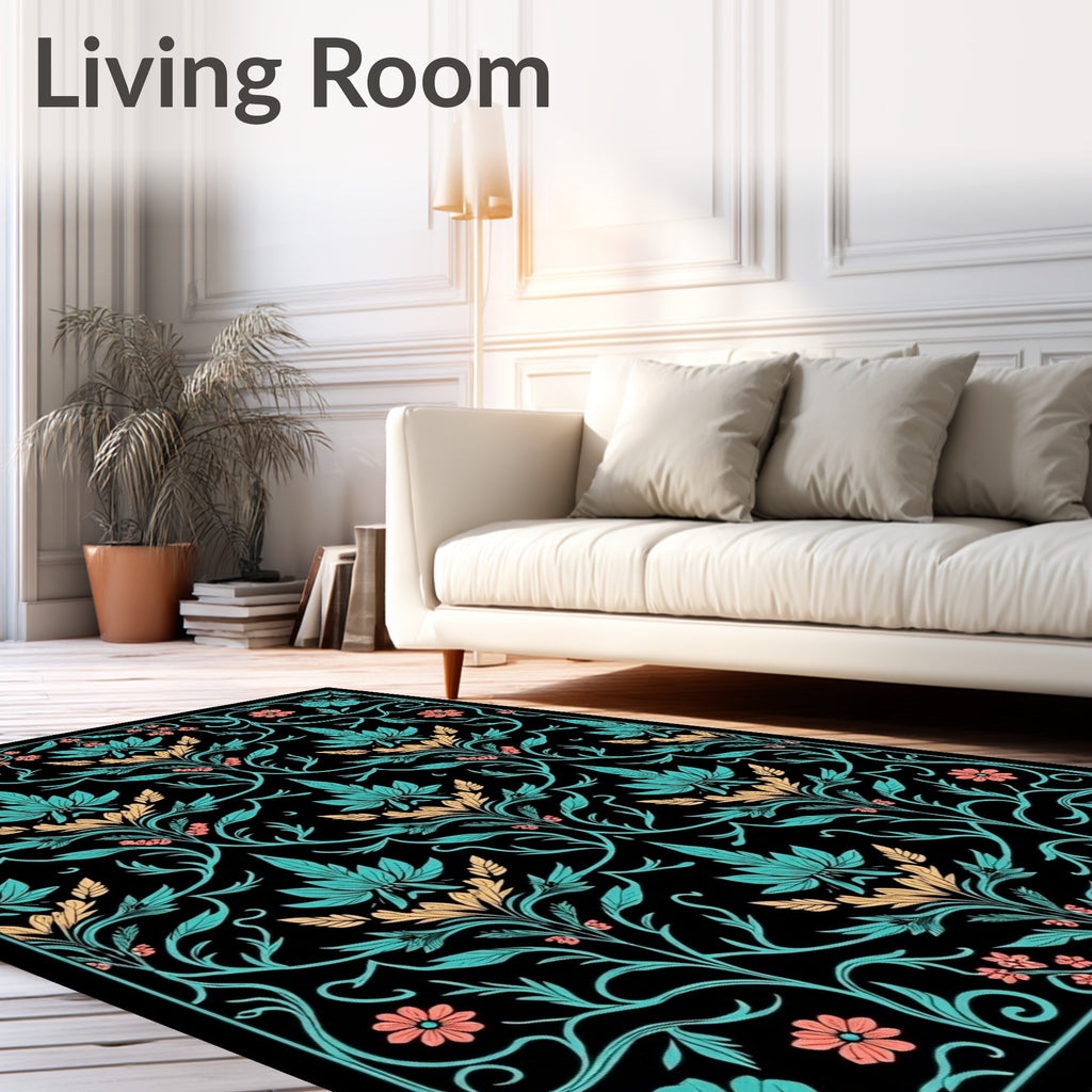 Teal Coral Floral Vine Art Nouveau Rug
