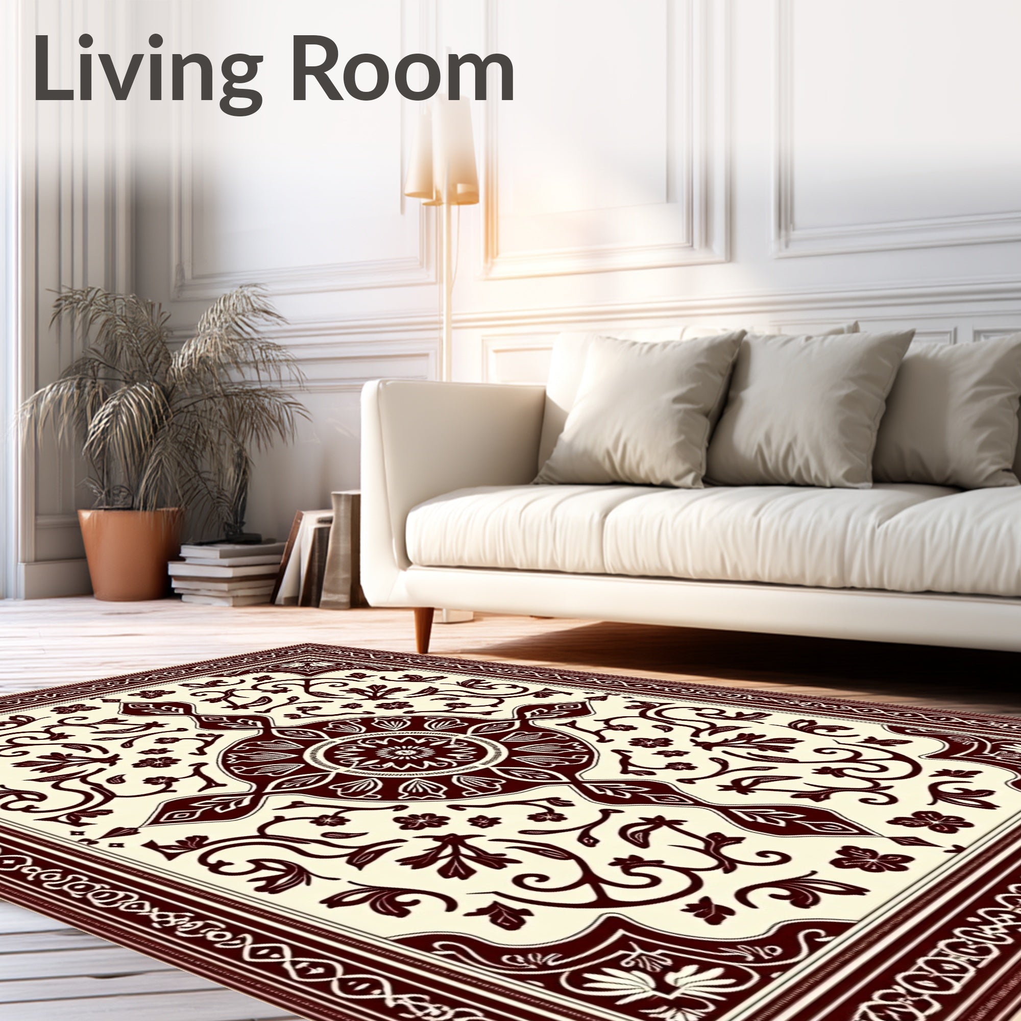 Deep Red Floral Medallion Cream Rug