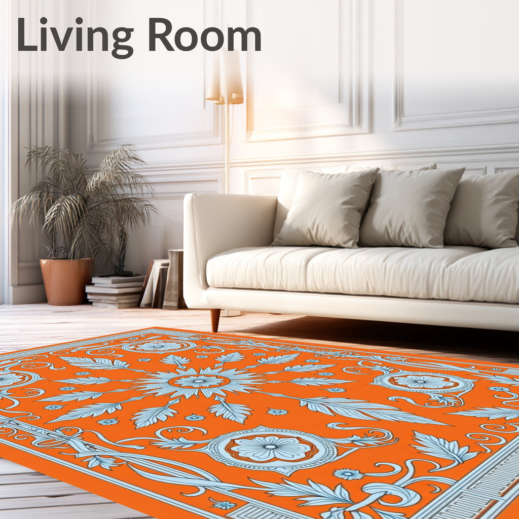 Vibrant Orange Light Blue Floral Scroll Rug