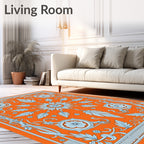 Vibrant Orange Light Blue Floral Scroll Rug