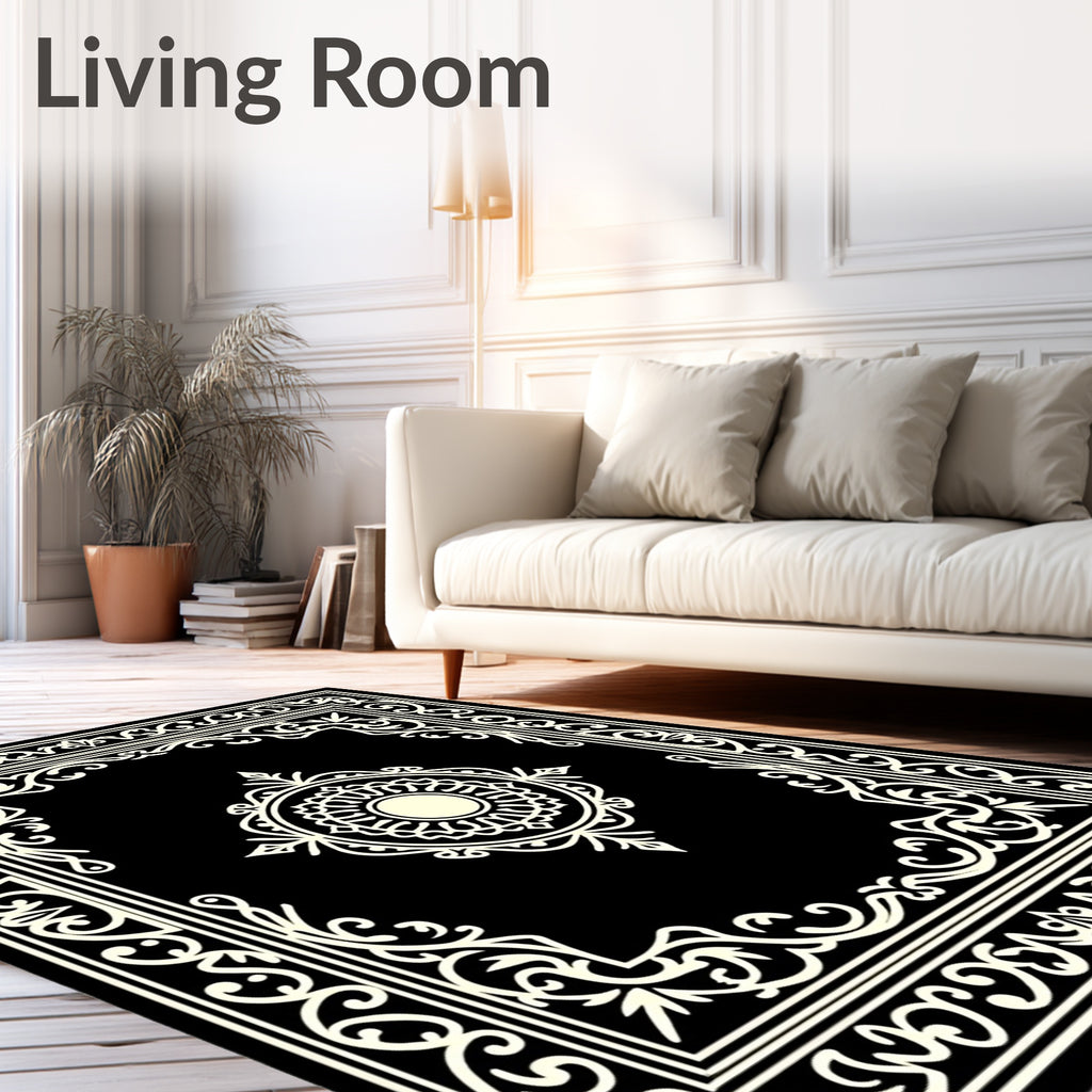 Black and Cream Medallion Frame Rug