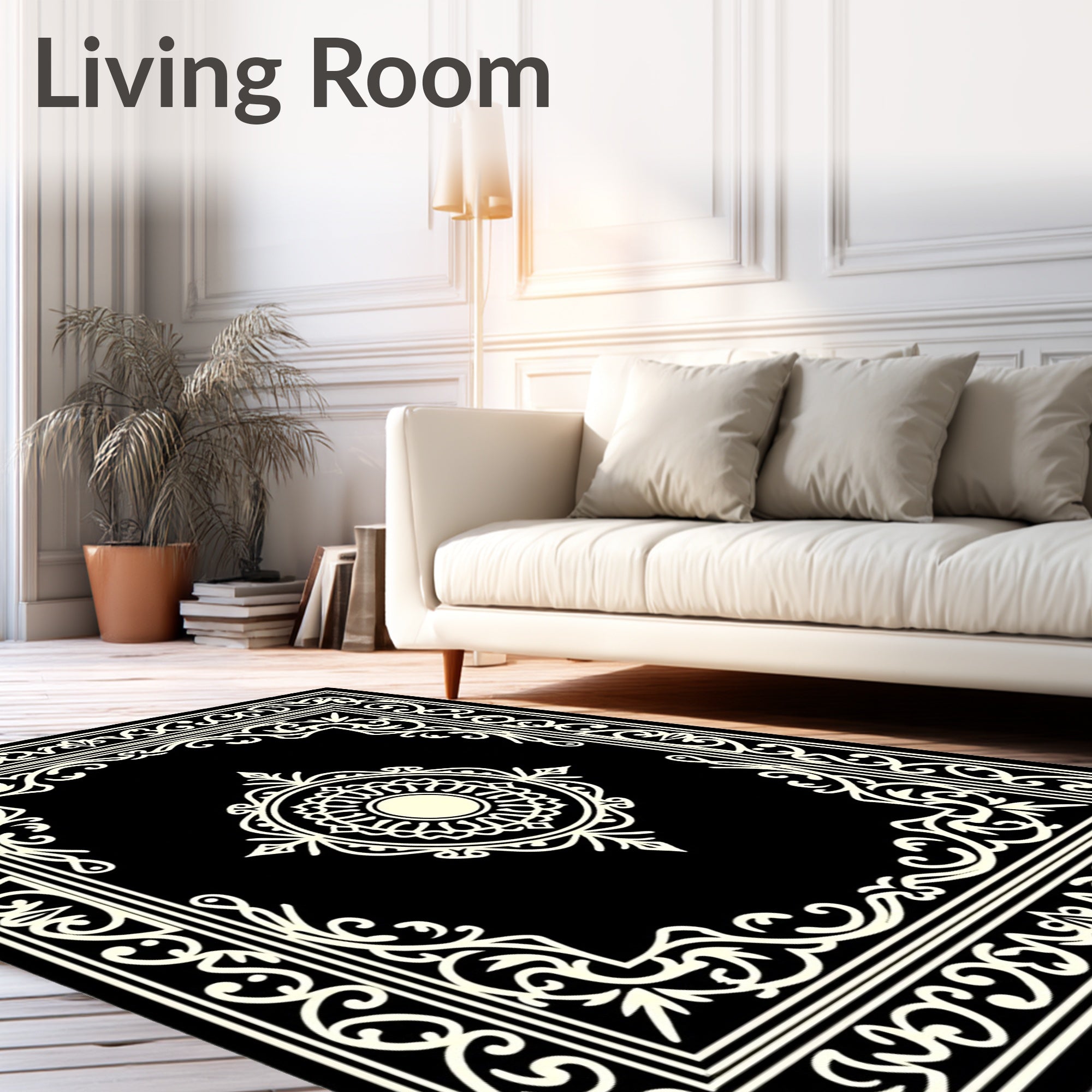 Black and Cream Medallion Frame Rug