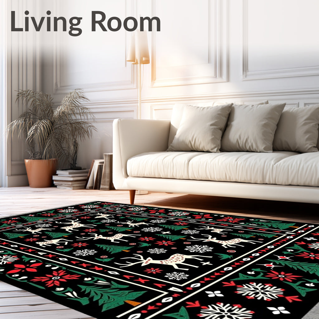 Cream Red Green Festive Reindeer Trees Rug