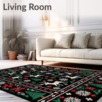 Cream Red Green Festive Reindeer Trees Rug