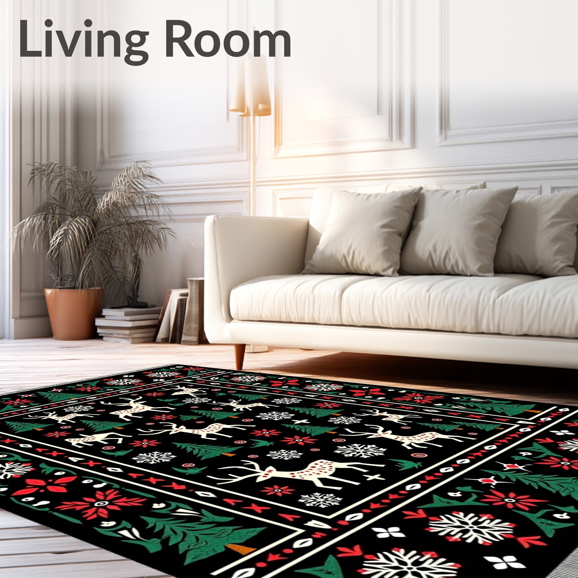 Cream Red Green Festive Reindeer Trees Rug