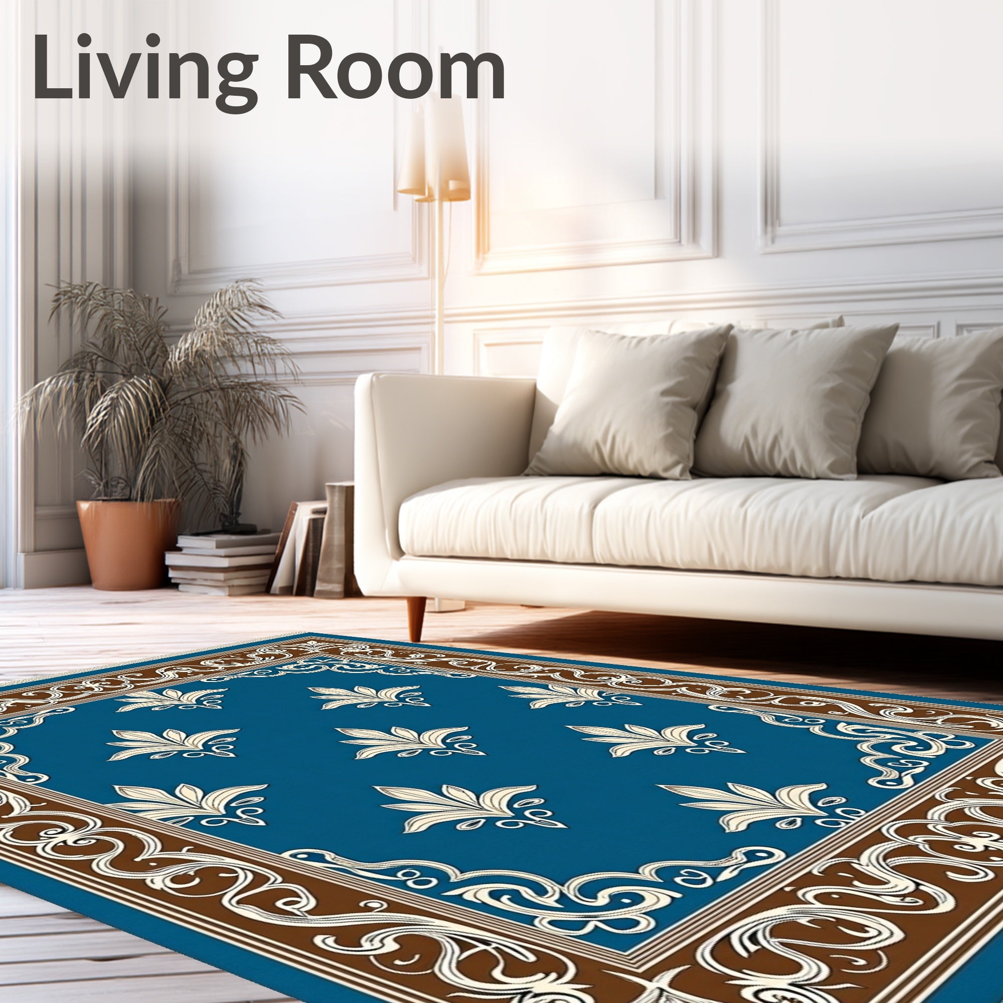 Ornate Cream Floral Blue Border Rug