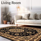 Black Gold Floral Medallion Border Rug