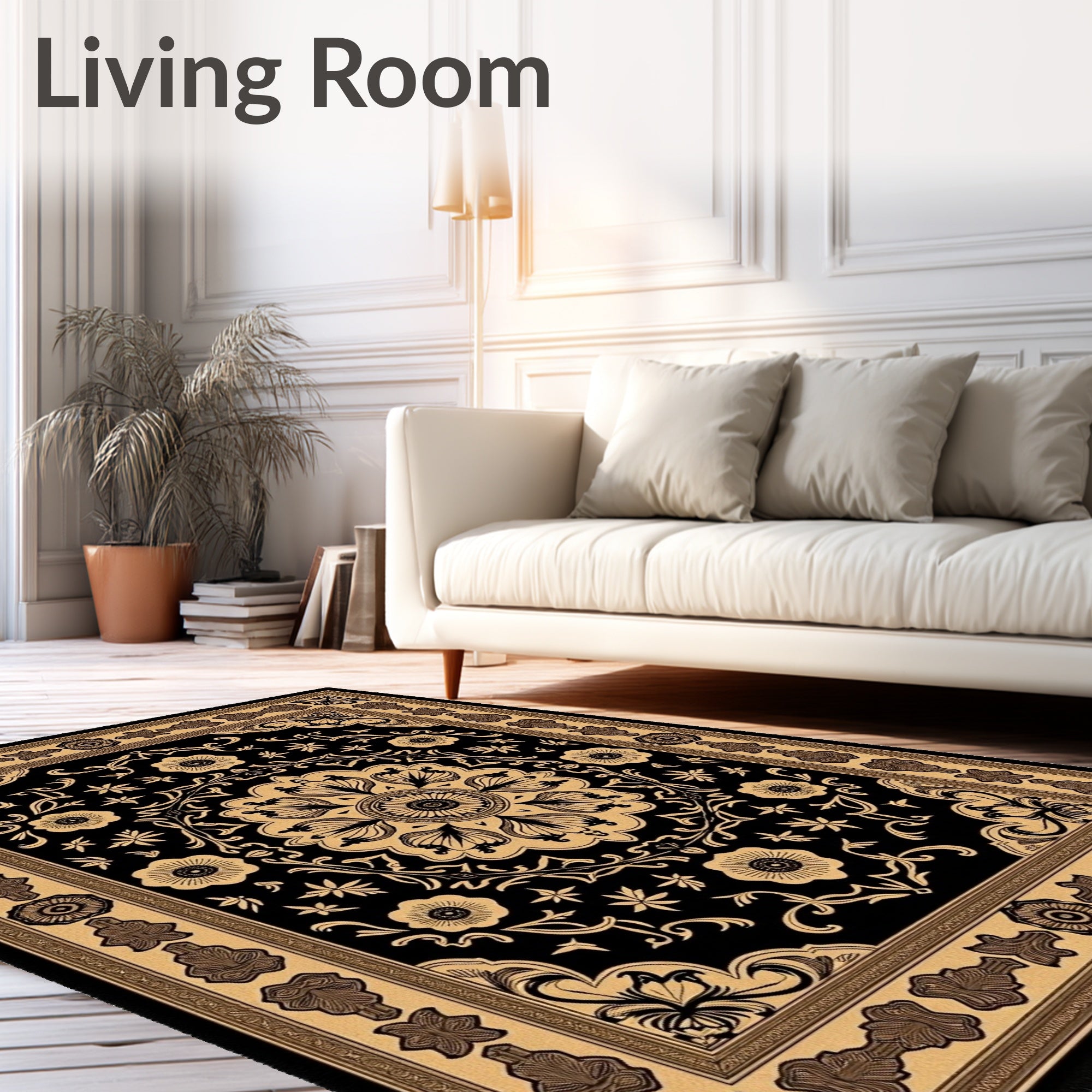 Black Gold Floral Medallion Border Rug