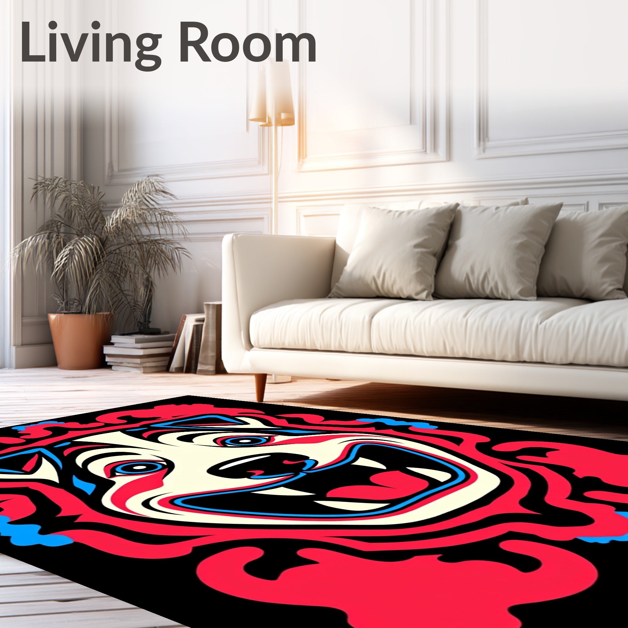 Vibrant Red Blue Dog Face Mask Rug