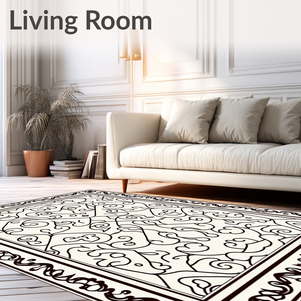 Ornate Ivory Black Scrollwork Medallion Rug