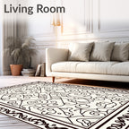 Ornate Ivory Black Scrollwork Medallion Rug