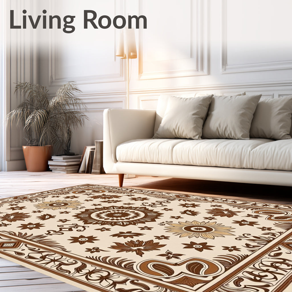 Earthy Brown Floral Medallion Border Rug
