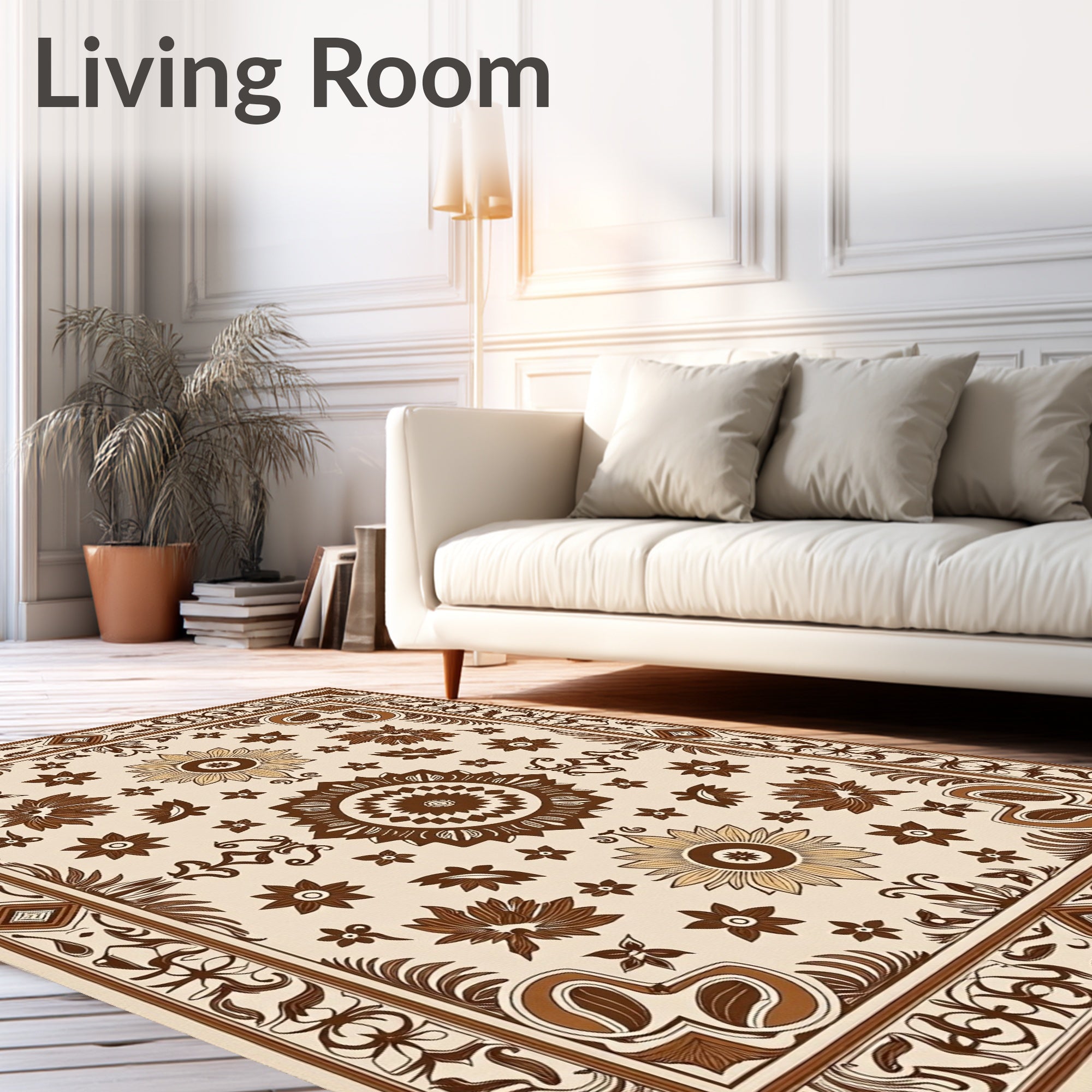 Earthy Brown Floral Medallion Border Rug