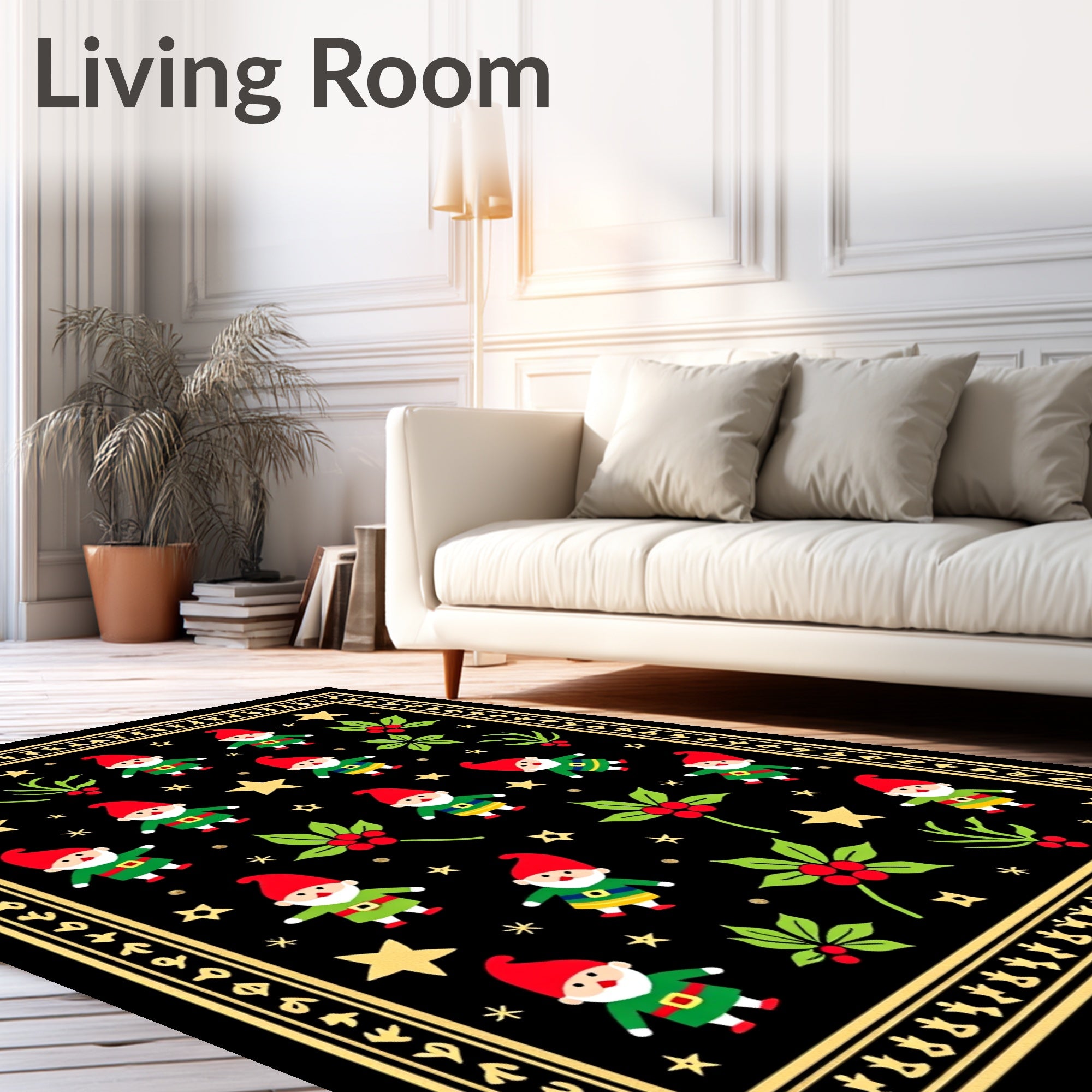 Black Gnomes Holly Stars Border Rug