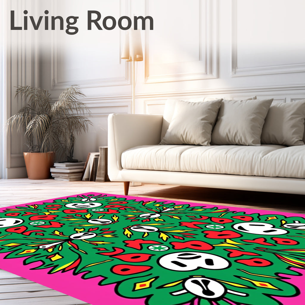 Vibrant Pink Green Abstract Figures Rug