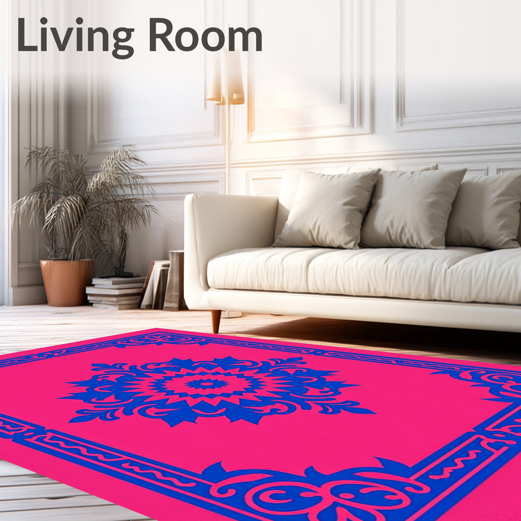 Vibrant Pink Blue Damask Medallion Rug