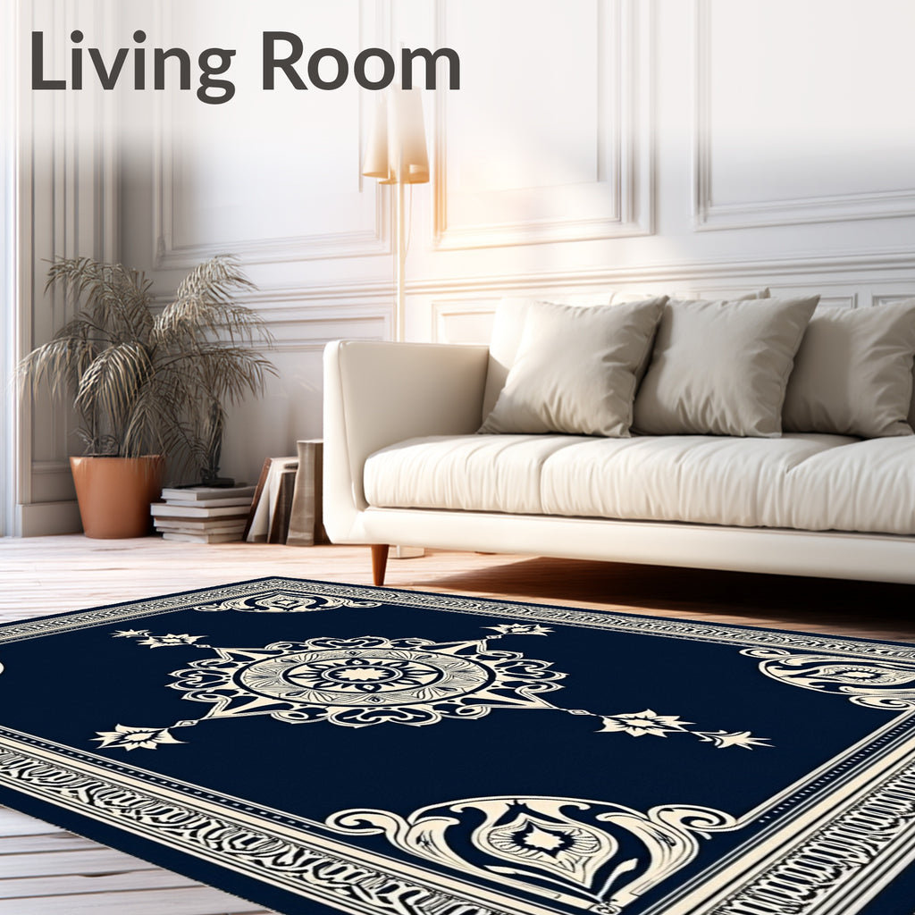 Navy Cream Ornate Medallion Border Rug
