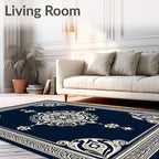 Navy Cream Ornate Medallion Border Rug