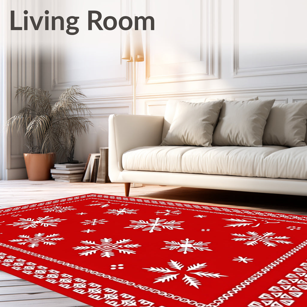 Classic Red Snowflake Holiday Border Rug