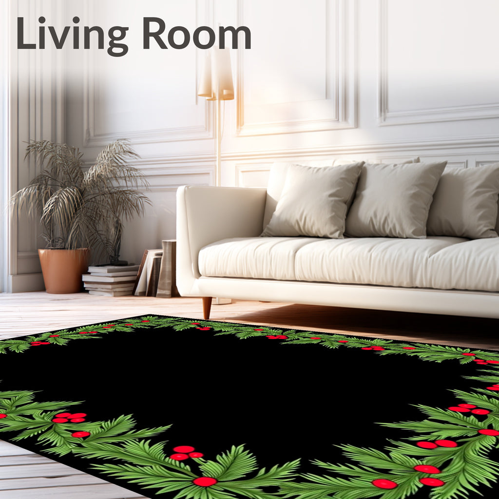 Festive Green Foliage Red Berry Border Rug